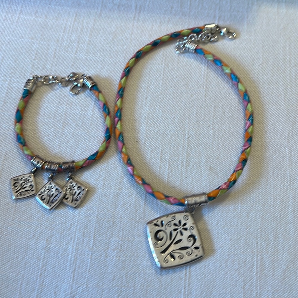 Multi color leather necklace and bracelet set.